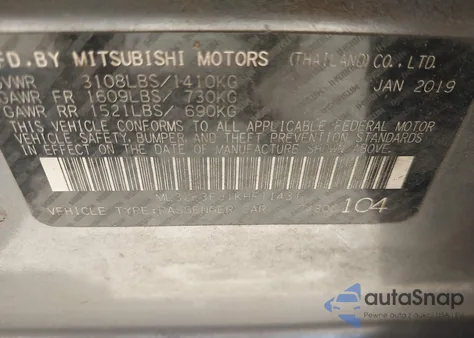 2019 Mitsubishi Mirage G4 Es z USA, uszkodzony, nr VIN ML32F3FJ1KHF11431